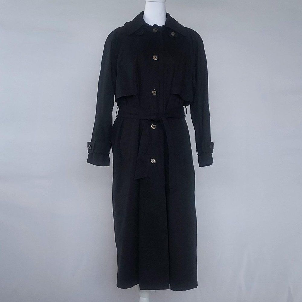 Jacqueline Ferrar Women’s Maxi Trench Coat Black 10P Petite Belted Hooded Lined